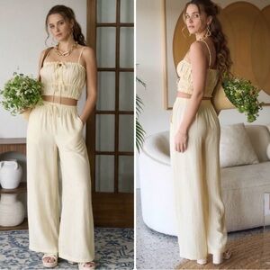 Elegant Cream Wide-Leg Jumpsuit Set - Sleeveless Crop Top and High-Waist Pants